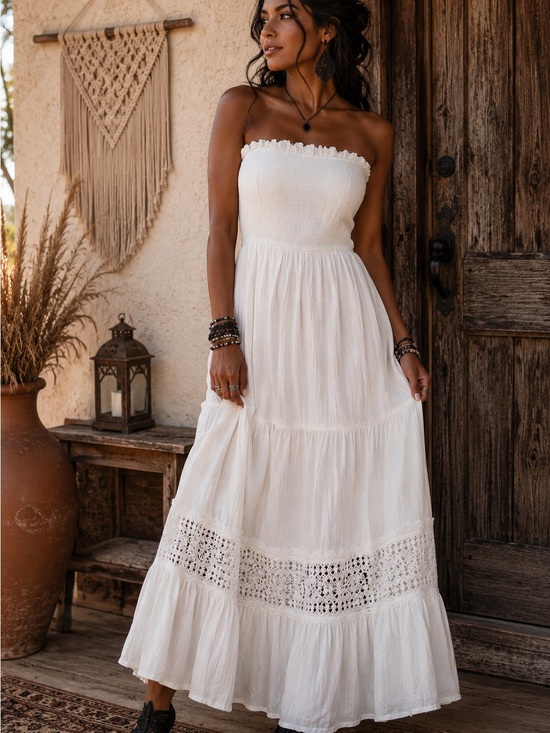 Dresses & Skirts - White Strapless Maxi Dress with Lace Trim